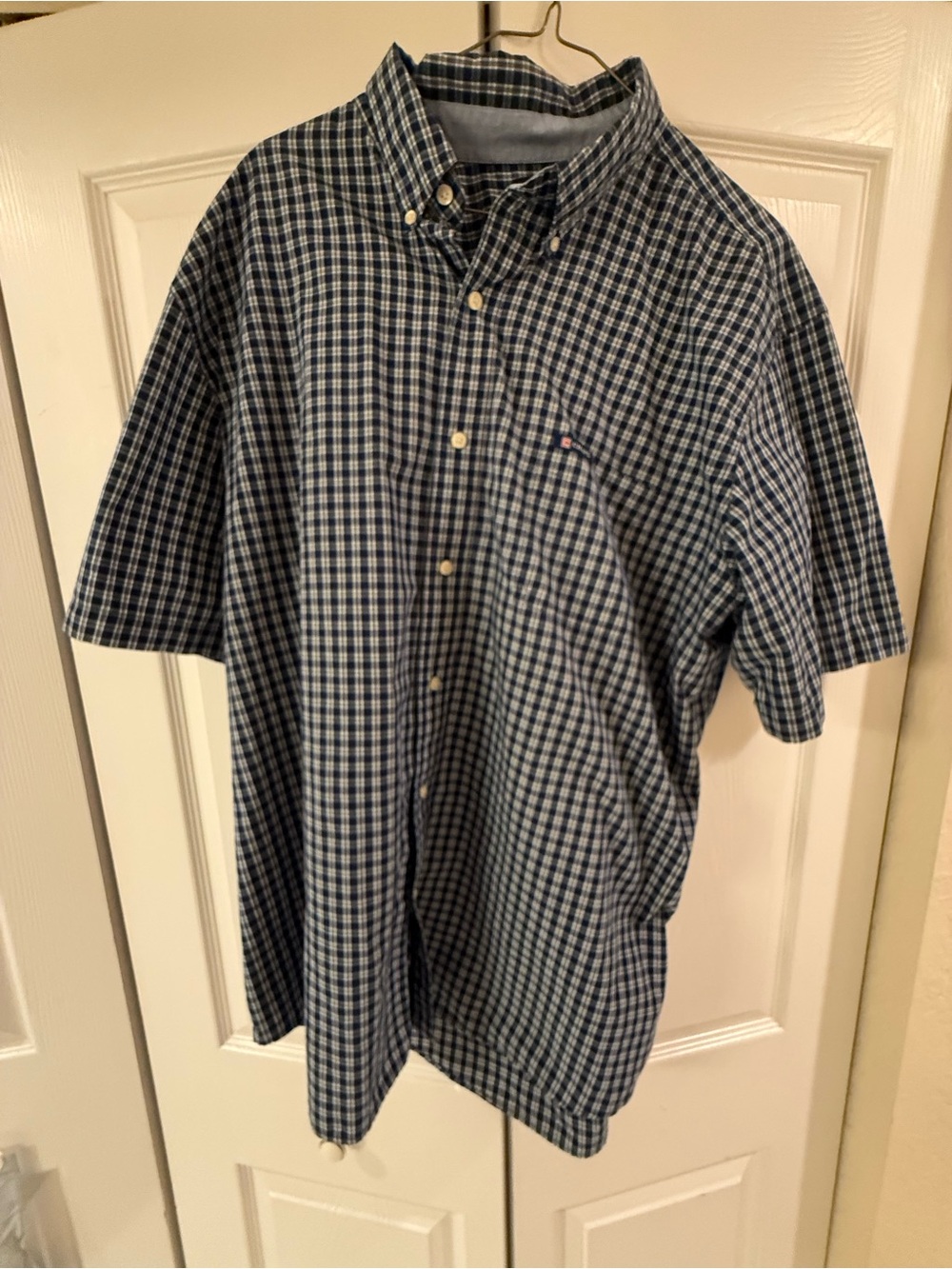 Chaps Navy and White Short-Sleeve Button-Down Plaid Shirt
